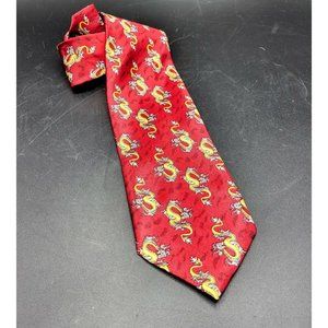 Kai Long Red Silk Dragon Print Tie Mens